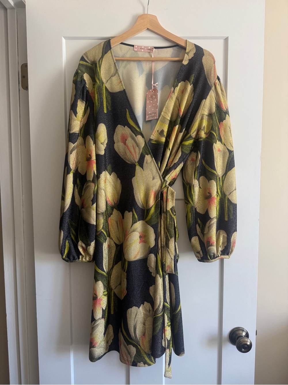 Y2K Floral Wrap Dress in Black and Butter Yellow